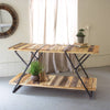 Another view of Kalalou Looking for a stylish and rustic addition to your party or store? Check out our Reclaimed Wood Two Tiered Display Table with Folding Iron Base! (SKU# tb1). This table is available in Coffee Table Mart now.
